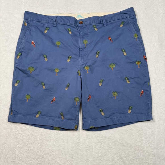Tommy Bahama Shorts Mens 40x9 Blue Embroidered Pineapple Palm Parrot Chino - Picture 1 of 9